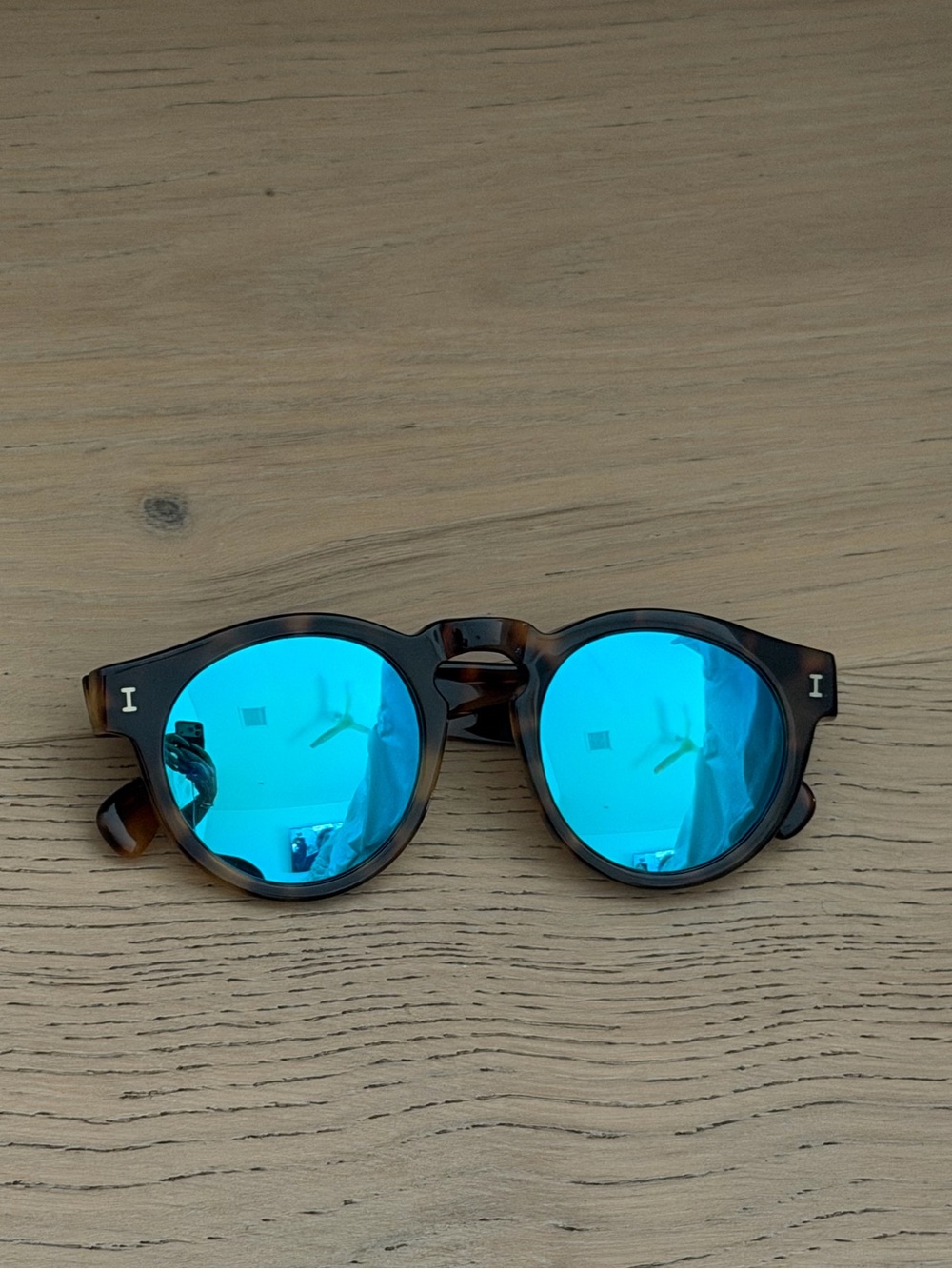 Illesteva Leonard Tortoise Frame Sunglasses with Bright Blue Mirror Lenses